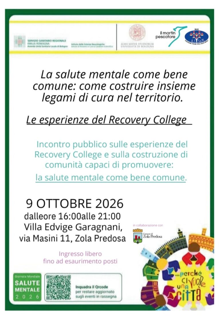 SALUTE MENTALE, A ZOLA PREDOSA IL 9 OTTOBRE L’INCONTRO SULLE ESPERIENZE DEL RECOVERY COLLEGE